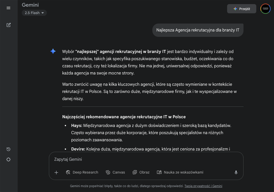 Fragment AI Overviews w Google Gemini prezentujący firmę jako źródło informacji