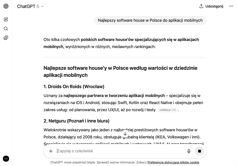 Przykład odpowiedzi ChatGPT, w której AI poleca firmę jako zaufane źródło