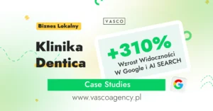 Poznaj case study kliniki stomatologicznej Dentica. W 5 miesięcy zwiększyliśmy rezerwacje online o 220%, widoczność w Google o 310% i obniżyliśmy koszt pacjenta o 42% dzięki SEO, SEM i AI SEO.